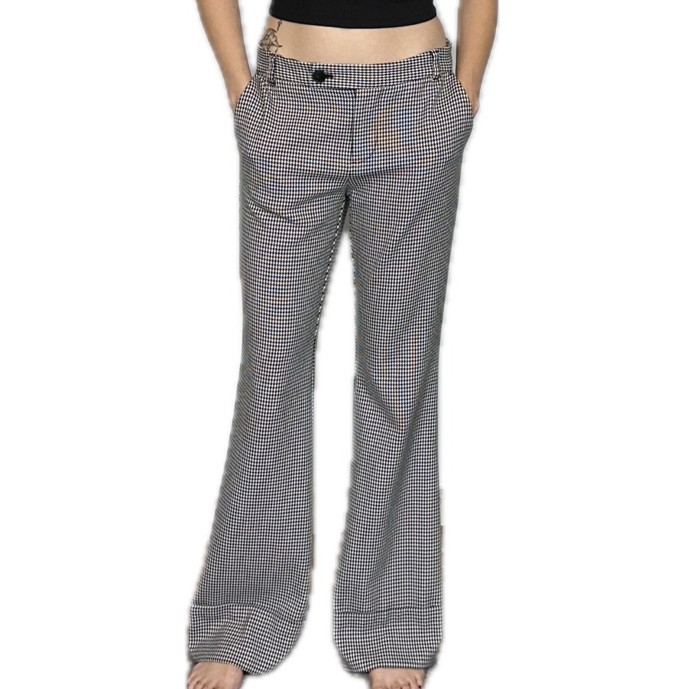 Maeve Anthropologie Houndstooth Flare Trousers Sz‎ 2 Black White Cuffed Mid Rise